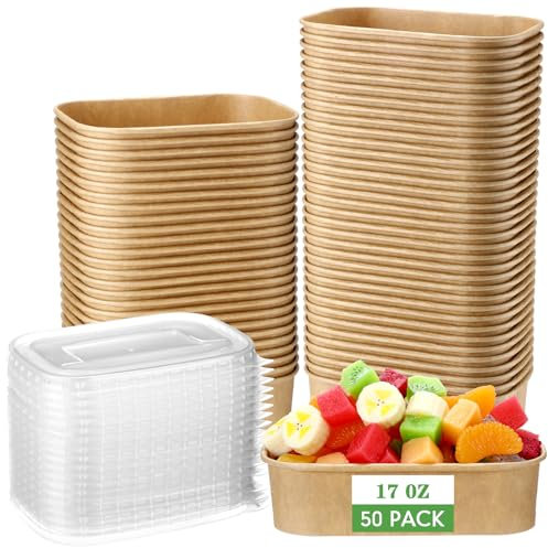Maxdot Lot de 50 bols jetables en papier de 500 ml avec couvercles en polypropylène pour déjeuner, salade, crème glacée, yaourt, soupe, fournitures de fête