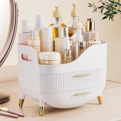 VG VISIONGOOD Make Up Organizer mit 2 Schubladen, Große Anti-Rutsch Schminktisch Organizer, Kosmetik Organizer, Idealer Skincare Organizer für Waschtische, Schminktisch, Badezimmer (Weiß)