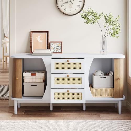 BNUZ Aparador de ratán con cajones, cómoda con puertas correderas, color blanco