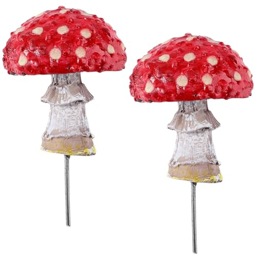 GORGECRAFT 2 Stück Im Dunkeln Leuchtende Pilze Rote Mini Pilzstatue Wetterfestes Kunstharz Realistische Pilzfiguren Feengarten Zubehör Für Rasen Blumentopf Terrasse Mikro Landschaftsdekor