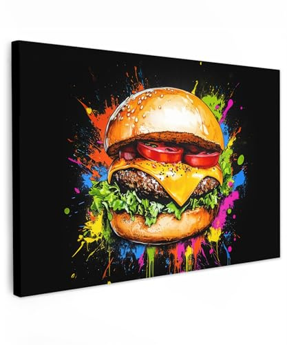 MuchoWow© Bild auf Leinwand Groß XXL Schlafzimmer Bilder Badezimmer Wand | 120x80 cm - Deko Wohnzimmer Modern Wanddeko Bilderwand Geschenk Hamburger - Graffiti - Farbe - Bunt - Essen - Abstrakt