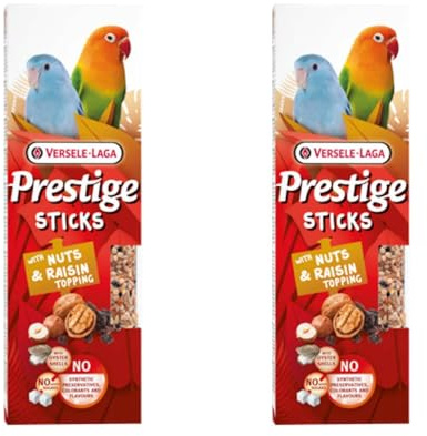 Versele-Laga Prestige Sticks kleine Papageien mit Nüssen & Rosinentopping | Doppelpack | 2 x 60 g | Snack für kleine Papageien & Sittiche | Ohne synthetische Konservierungsmittel