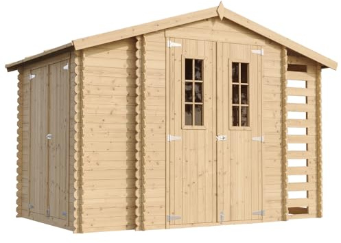 Abri de Jardin en Bois et Range bûches extérieur avec Sol TRAITÉ - extérieur I206xL328xH218 cm/ 3,53 + 0,97+0,97 m2 Petit abri à Outils, Local à vélos - TIMBELA M389C+M389G