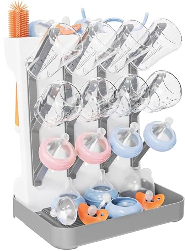 Baby Bottle Drying Rack, Vertical Bottle Rack Dryer Space Saving Bottle Drying Rack Countertop Organizer with Brush Holder for Bottles & Baby Accessories Pacifiers and Pump Part- BPA-Free (Gray)