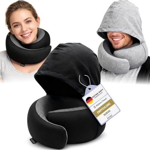 Sleevo Nackenkissen mit Kapuze & Memory Foam – Nackenhörnchen & Schlafkissen für Flugzeug & Reise – Ergonomisches Reisekissen, Sichtschutz & Waschbar inkl. Tasche – Schwarz