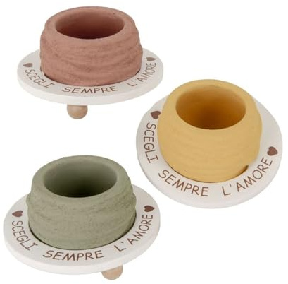 Doni Bomboniere Set 6PZ Vaso in Terracotta Tondo con Cerchio in legno Bamboo con Scritta Assortito in Colori Diversi - Porta Piantine Succulenti Cactus - Regalo Bomboniere Evento