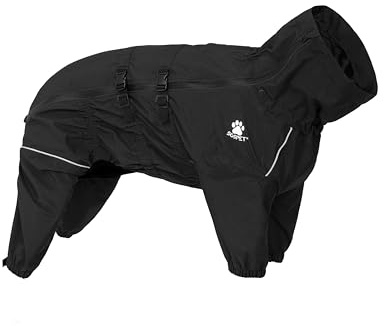 SGSPET Hunde-Regenmantel, wasserfester 4-Beiniger Regenjacke mit Leinenloch, reflektierendem Gurt, für kleine/mittelgroße Hunde, leichte Welpenkleidung (Schwarz, L (Chest 53-65cm))