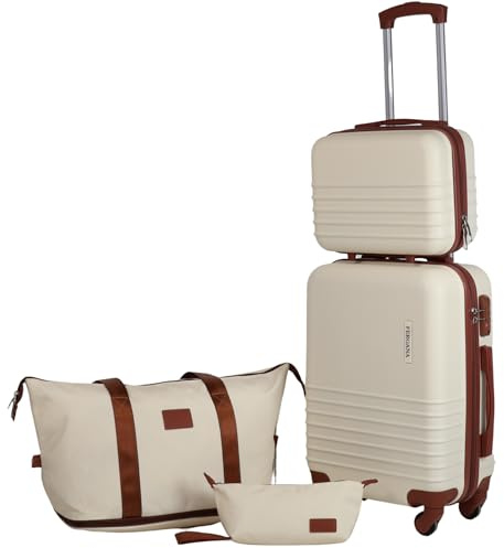 Fergana ABS, 20-Inch Carry-On Suitcase Set – Lightweight Hard Shell Cabin Luggage with Travel Duffel, Vanity Case & Toiletry Bag, Double Spinner Wheels, TSA Lock. (Beige)