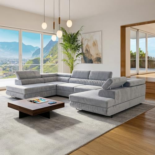 SOFILAND U-Form Ecksofa Magnum U, große Wohnlandschaft mit Schlaffunktion & 2 Bettkästen, wasserabweisend, pflegeleicht & haustierfreundlich, modernes Schlafsofa fürs Wohnzimmer (Hellgrau)