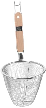 Ipetboom Colador de Pasta Ligero de Acero Inoxidable Mango de Madera y Malla Fina para Cocina, Cesta Reutilizable para Ollas Calientes y Escurridor Portátil