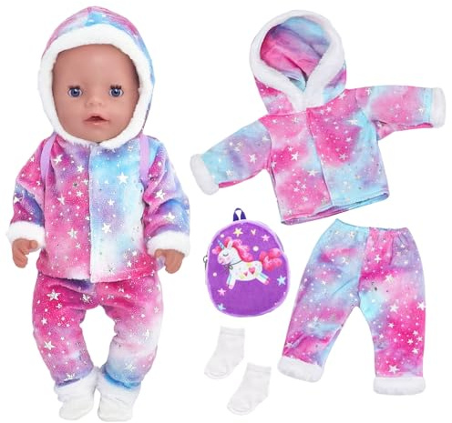 Puppenkleidung für 14-18 Zoll Puppen, Mode Batik Kleidung Outfits 43 cm New Born Baby Puppen mit sternförmiger Plüschmantel Hose Cartoon Rucksack Socke Puppenzubehör für Baby Karnevalsgeschenke
