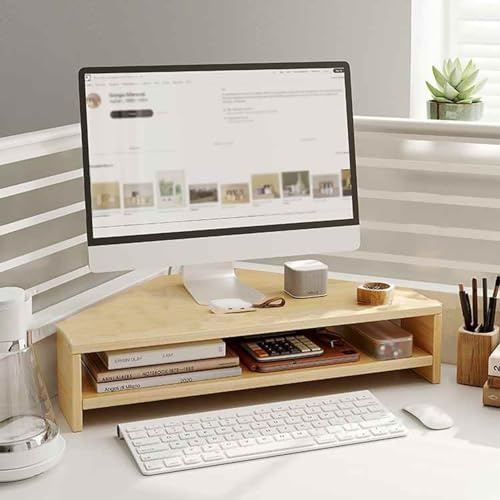 ZRQSMCX Eck-Monitorständer, Eck-Aufbewahrungsständer für Computerbildschirme aus Holz, ergonomische 2-stufige Laptop-Monitorablage, platzsparender dreieckiger Schreibtischaufsatz,Natural