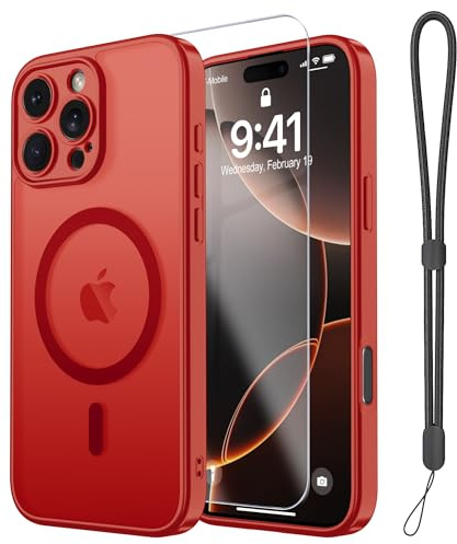 Magnetic Case for iPhone 15 Pro Max Case with Screen Protector+Wrist Strap | Compatible with MagSafe,Full Camera Protection,Slim Translucent Matte Phone Cover,Red
