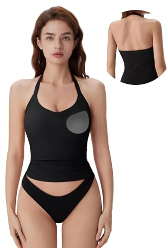 SUUKSESS Halter Tank Top for Women with Built in Bra Cotton Ribbed V Neck Cami Black