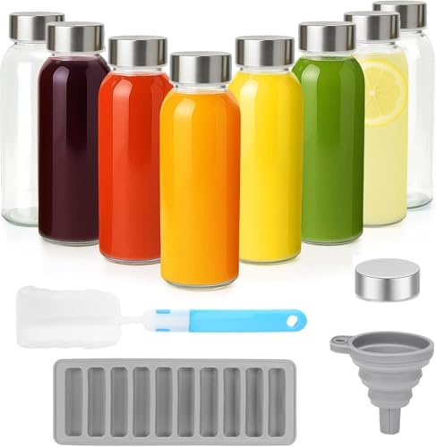 Glass Juice Bottles with Lids for Juicing, 300ml Clear Glass Water Bottles | Reusable Glass Water Bottles with Stainless Steel Airtight Cap for Refrigerator, 100% Leak Proof, BPA Free, Set of 8