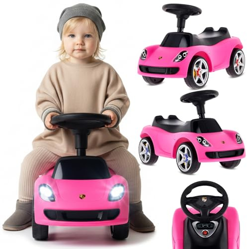 sun baby Rutschauto ab 18 Monaten – Porsche Carrera GT – Lenkrad mit Knöpfen, Scheinwerfer, realistische Aufkleber, bis 30 kg, Rosa