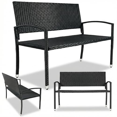 Clevich Wetterfest Gartenbank Rattan, 2 Sitzer Sitzbank mit Armlehnen, 320 kg Belastbar Terrassenbank, UV-beständig Balkon Bank für 2-3 Personen, für Innen- und Außenbereich, 122x62x90 cm, Schwarz