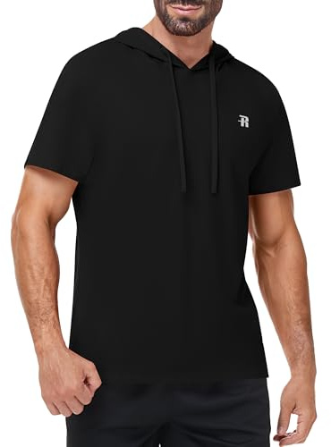 Runhit Herren Sport T-Shirt mit Kapuze, Kurzarm Hoodie aus 100% Baumwolle, Atmungsaktives Gym Shirt Leichte Sommer Laufshirt für Fitness Training Running & Freizeit