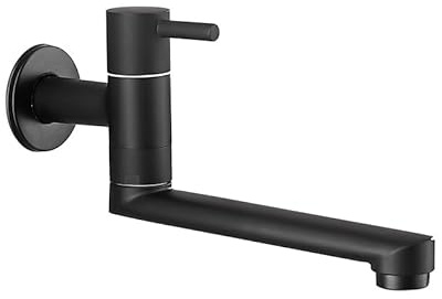 Hefo Grifo de cocina montado en la pared solo agua fría, grifo de pared con caño giratorio 360°, de 23 cm de largo, grifo de lavabo para fregadero de fregona, acero inoxidable negro