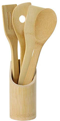 Excellent Houseware Cuillère en Bois/Couverts Set d'ustensiles de Cuisine en Bambou 5 pièces avec Trou Cuillère spatule Palette Spatule et Ronde Panier