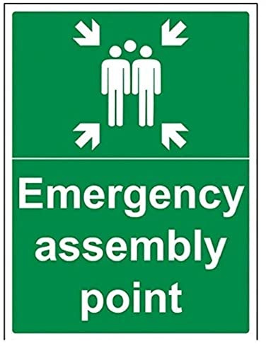 VSafety Hinweisschild mit englischer Aufschrift „Emergency Assembly Point“, Hochformat, 300 x 400 mm, 1 mm starrer Kunststoff