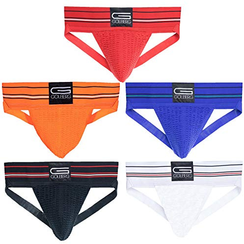 GOLBERG G Mens Jockstrap Underwear - 5 Pack (Black, Blue, White, Orange, and Red) - Size Large (38-42 Inch) - Athletic Supporter