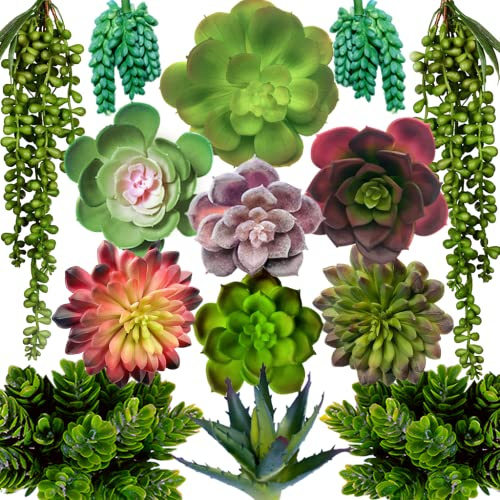DECOROUS Artificial Succulents Plants Unpotted -14 Pack– Large Fake Succulent Plant Indoor Outdoors – Realistic Faux Cactus Suculentas Bulk for Home DIY Décor – Small Desert Plastic Cacti Succulants