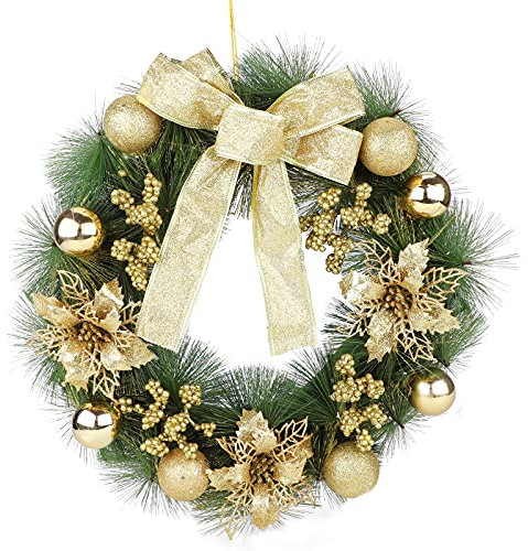 Gukasxi 15.7 Inch Christmas Wreath for Front Door, Artificial Christmas Hanging Wreath Garland with Gold Xmas Ball Berries and Bow, Merry Christmas Wreath Xmas Indoor Outdoor Home Decorative Wreath