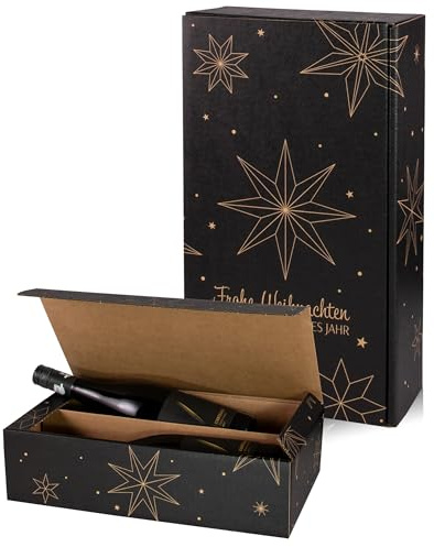 Flaschen Geschenkkarton Weihnachten, Hochwertige Weinverpackung, Schwarz&Natur, Sternenmotiv (Schwarz, Natur, 5x2er)