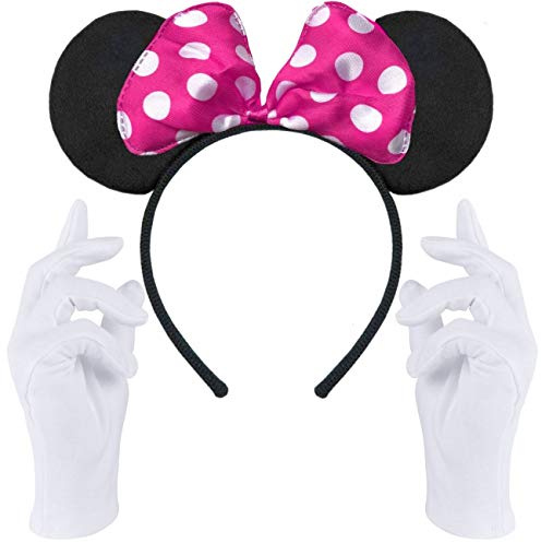 Hatstar Haarreifen in schwarz mit Maus Ohren mit Schleife in pink + weiße Handschuhe | Haarschmuck für Kinder & Erwachsene | Kostüm Accessoire für Fasching & Karneval