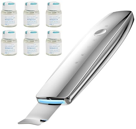 Ultrasonic Skin Scrubber + 6 Bottle Hyaluronic Acid Essence, Blue and Red Light Care Blackhead Remover and Pore Cleaner With 4 Modes USB Rechargeable Face Skin Spatula Elitzia ETM22