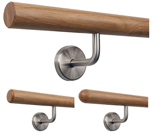 TIBU Pasamanos de madera de roble de 35 mm de diámetro para barandilla de 150 cm de longitud + 3 soportes y extremos biselados