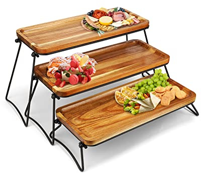 3 Tier Cupcake Stand and Towers Large Serving Tray for Party Acacia Wooden Dessert Table Display Set Decorative Tray Tiered Tray Decor Small Chees Charcuterie Boards Rustic Wood Serving Platters Trays