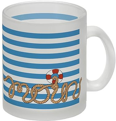 Glas Tasse mit Moin-Schriftzug und Rettungsring weiß blauer Hintergrund Dekoration Maritim Geschenkidee Moin Tasse mit Seil Tau Seemann Geschenk Friesland Glas Tasse Der Glas