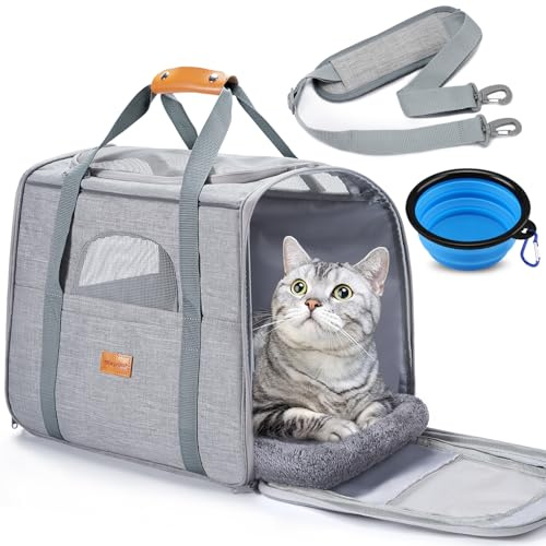 morpilot Transportín Perro Gato, Bolsa Transporte Transpirable para Mascotas, Portador de Viaje con Correa de Hombro Ajustable, Transporte de Gato con Colchón Suave+Tazón (Gris Claro 44 x 31 x 34 cm)