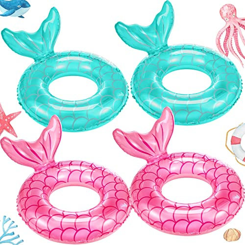 Neer 4 Pcs Mermaid Pool Float Inflatable Swimming Ring Mermaid Tail Pool Swimming Float Tube Decorations Beach Toys for Kids Infants Beach Water Activities, Blue Green, Pink