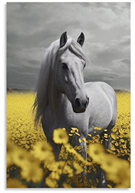 KONIEE Weißer Hengst Busch Leinwandkunst Poster Chrysanthemen Wildnis Natur Tier Thema Wandposter Schlafsaal Dekor Malerei Kunst