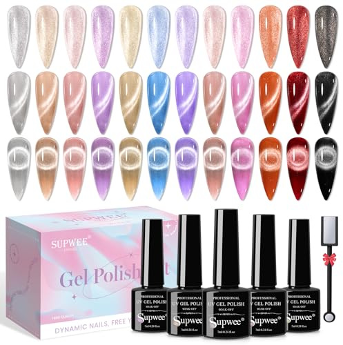 SUPWEE Cat Eye Gel-Nagellack Set, 12 Farben 9D Cat Magnetisch Eye Nail Polish Nagellacke holografischer Glitzer Cateye-Nagelgel-Nagellack mit Magnet Soak-Off-UV-Gel Nagelkunst Maniküre-Salon