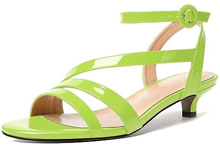 FEMSTEP Donna Sera Tacco Basso Solido 1.5 Inch Fermaglio Fibbia Pelle Liscia Gattini Casual Cinturino Alla Caviglia Aperta Sandali Moda Verde Lime Dimensione 38