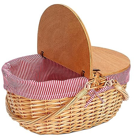 MOTUZP Picknickkorb aus Weidengeflecht, Picknickkorb mit Deckel und Griff, Picknickkorb aus Weidengeflecht mit Auskleidung, Picknickkorb mit Geteiltem Holzdeckel für Picknick, Camping, Outdoor(#1)