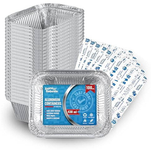 Espirito Rebelde 100 Barquettes en Aluminium 430 ml avec Couvercles | Moules Jetables a Emporter | Emballage Alimentaire pour Barbecues, Congélation