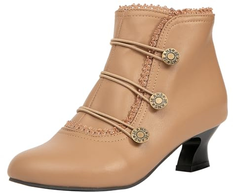 getmorebeauty Women's Ankle Boots Low Heels Lace Buttons Round Toe Side Zipper Vintage Short Boots Autumn Winter（US7,NUDE）