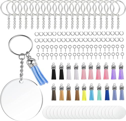 ANBOWEI Acryl Schlüsselanhänger Rohlinge Set, mit Acrylscheibe Rund mit Loch, Schlüsselring mit Kette und Bunte Quasten für DIY Basteln Geschenke, 140 Stück