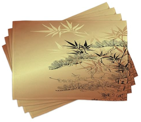 ABAKUHAUS Manteles Individuales japoneses (8 Unidades), diseño de Ramas y bambú con llamativa ilustración de Hojas, Tela Lavable, decoración para Comedor, Cocina, impresión Digital, Amarillo ámbar