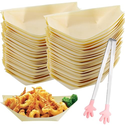 Tyafzzn 200 Stück Schiffchen Snackschalen, 10.5cm x 5.4cm Pommesschalen aus Pappe, Dip Schüsseln Einweg mit Lebensmittelzange für Charcuterie Board Sushi
