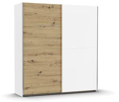 Rauch Möbel Saturn, Schwebetürenschrank mit zusätzlichen Fachböden, Kleiderschrank, Kleiderschränke, Garderobe, Schrank mit Stauraum, 2-türig, Farbe Eiche Artisan-Weiß, Holz, 175x191x59cm