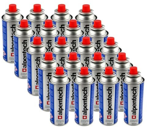 ALPENTECH - Pack de 20 Cartouches Gaz Butane 250 g - Clipsables Anti-Fuite (TUV/UN2037) - Usages : Réchaud, Camping, Chalumeau, Lanterne et Désherbage.