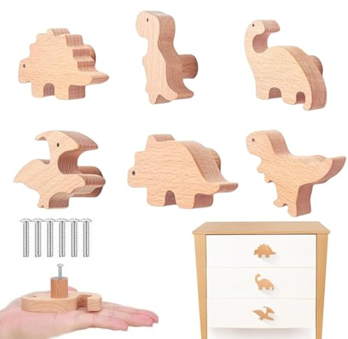 MHwan Bouton de Meuble, 6 Pièces Poignee de Meuble en Dinosaure ignon en Bois Massif de Haute Qualité Avec une Texture Naturelle, Belle décoration pour chambre denfant