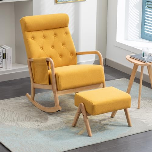 Ymkua Schaukelstuhl, Schaukelstuhl Wohnzimmer mit Hocker, Schwingsessel Armlehnsessel, Armlehnstuhl mit Kopfstütze und Fußstütze Sessel Schlafzimmer,Armchair mit Ottoman für Erwachsene Kinder (Yellow)