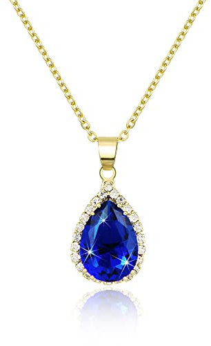 Linawe Collier à Chaîne avec Pendentif Bleu Saphir, Ensemble de Bijoux en Or pour Femmes, Chaîne en Cristal et Pierre de Naissance en Diamant